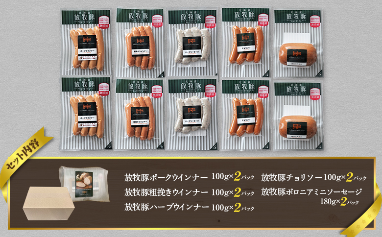 北海道産放牧豚 無添加ウインナーセットB | ふるさと納税 北海道 恵庭 北海道産 放牧豚 無添加 ウインナー ソーセージ セット 食べ比べ  ポーク 粗挽き ハーブ チョリソー ボロニアミニ 和三盆糖 お取り寄せ ファーマーズファクトリー 恵庭市【120110】