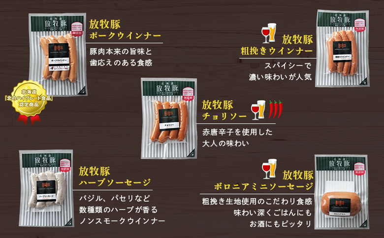 北海道産放牧豚 無添加ウインナーセットB | ふるさと納税 北海道 恵庭 北海道産 放牧豚 無添加 ウインナー ソーセージ セット 食べ比べ  ポーク 粗挽き ハーブ チョリソー ボロニアミニ 和三盆糖 お取り寄せ ファーマーズファクトリー 恵庭市【120110】