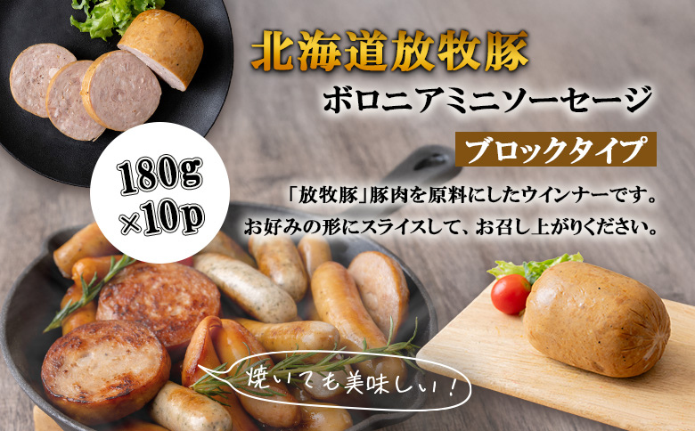 放牧豚ボロニアミニソーセージ 180g×10P | 北海道産 放牧豚 ボロニアソーセージ ボロニア ミニソーセージ ソーセージ ウインナー ウィンナー 無添加 粗挽き あらびき ブロック 豚肉 肉 加工品 ポーク カット おつまみ 簡単 便利 お取り寄せ 北海道 恵庭市 恵庭【120108】