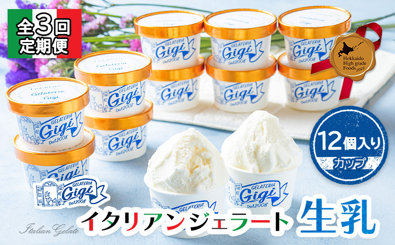 【定期便：全3回】『ジェラテリアGigiのイタリアンジェラート『生乳』【カップ12個入】【43003801】