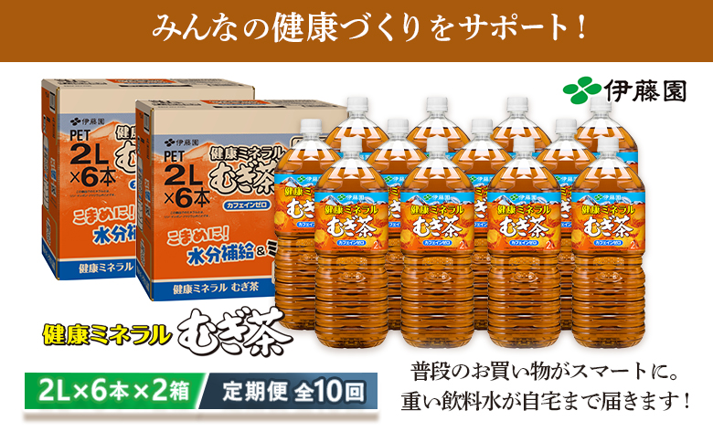 『定期便：全10回』健康ミネラルむぎ茶2L×6本×2箱【500022】