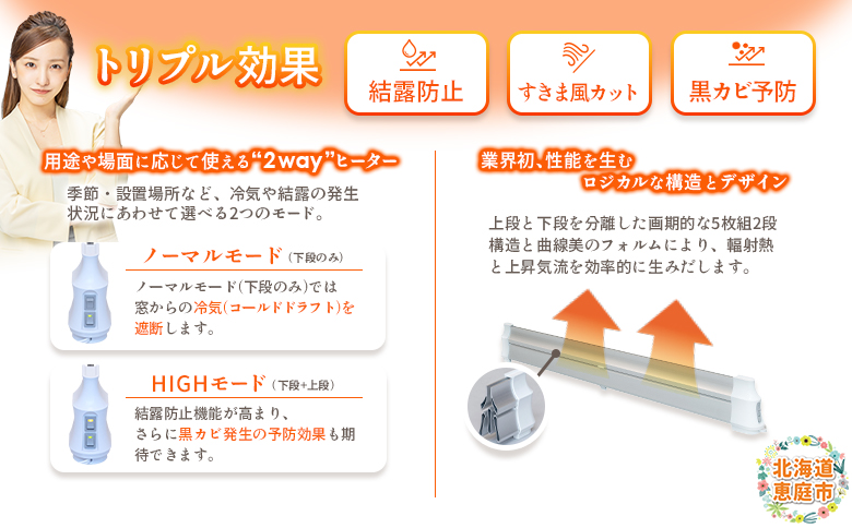 結露防止ヒーター aru(アル) 120cmタイプ (aru-1200SL) |  2way ヒーター 1台 結露防止 すきま風カット 黒カビ対策 設置工事不要 リビング 寝室 子供部屋 トイレ 補助暖房 暖房器具 安全 ワンストップ マイページ オンライン申請 ふるさと納税 北海道 恵庭 恵庭市【09024】