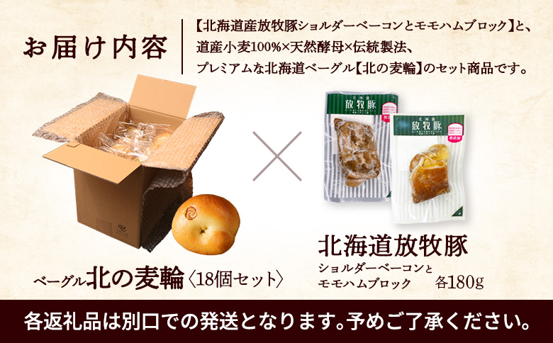 「北海道放牧豚ショルダーベーコンとモモハムブロック」とトモヱベーグル「北の麦輪」18個セット | 放牧豚 ベーコン ショルダーベーコン モモハム ハム ブロックハム 乾塩式 赤身 脂控えめ カット 北の麦輪 ベーグル 小麦 天然酵母 有機食材 詰め合わせ セット ヘルシー もっちり 食感 お取り寄せ 北海道 恵庭市 恵庭【C99032】