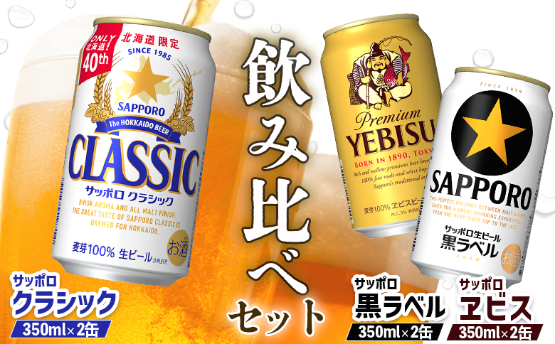 サッポロビール人気銘柄3種セット サッポロクラシック2缶 黒ラベル2缶 エビス2缶 350ml 計6缶 | ふるさと納税 北海道 恵庭 セット サッポロクラシック サッポロエビス サッポロ黒ラベル 飲み比べ セット ビール 生ビール お酒 酒 笹松屋 恵庭市【880088】