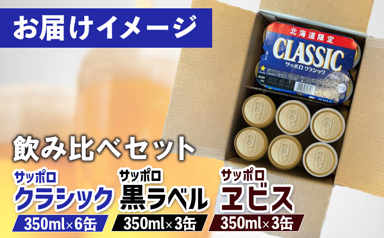 サッポロビール 人気銘柄3種 セット サッポロクラシック 黒ラベル エビスビール 350ml ３種 飲み比べ セット オンライン 申請 ふるさと納税 北海道 恵庭 サッポロ クラシック エビス ビール 生ビール お酒 酒 缶 恵庭市【880085】