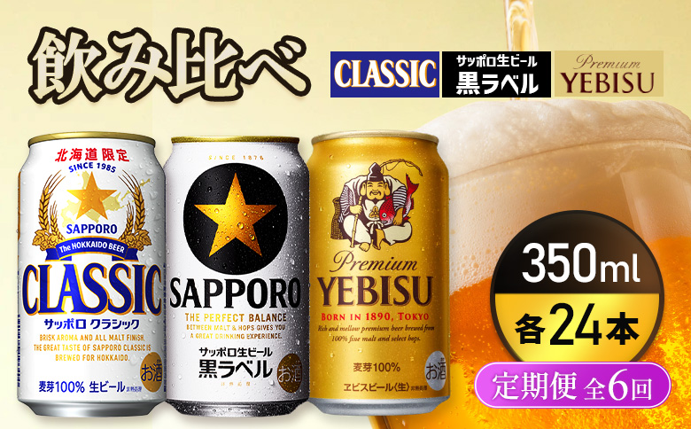 『飲み比べ定期便6回』サッポロクラシック・サッポロ黒ラベル・ヱビスビール 各350ml×24本 |  サッポロクラシック クラシック サッポロ黒ラベル 黒ラベル エビス エビスビール サッポロ サッポロビール ビール 生ビール お酒 アルコール お取り寄せ 北海道 恵庭市 恵庭【9300100018061121】