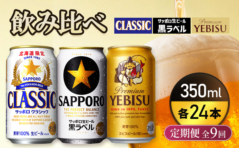 『飲み比べ定期便9回』サッポロクラシック・サッポロ黒ラベル・ヱビスビール 各350ml×24本 |  サッポロクラシック クラシック サッポロ黒ラベル 黒ラベル エビス エビスビール サッポロ サッポロビール ビール 生ビール お酒 アルコール お取り寄せ 北海道 恵庭市 恵庭【9300100018091121】