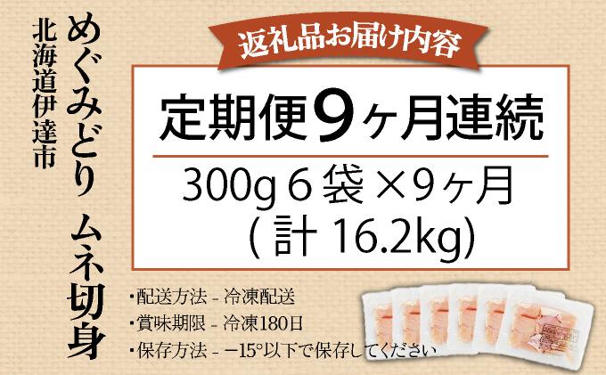 北海道産 定期便 9ヵ月 連続 9回 めぐみどり むね 切身 300g 6袋× 9ヶ月 計16.2kg 鶏むね 鶏ムネ むね ムネ 鶏肉 チキン 銘柄鶏 肉 冷凍 小分け 便利 時短 唐揚 焼鳥 鍋 ソテー プライフーズ 送料無料 伊達