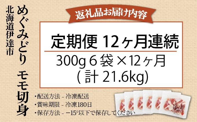 北海道産 定期便 12ヵ月 連続 12回 めぐみどり モモ 切身 300g 6袋×12ヶ月 計21.6kg 鶏もも 鶏モモ もも 鶏肉 チキン 銘柄鶏 肉 冷凍 小分け 便利 時短 唐揚 焼鳥 鍋 ソテー プライフーズ 送料無料 伊達
