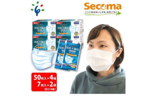 16-023 Secoma なめらか、息しやすい 国産不織布フィルターマスク 50枚入×4+7枚入×2 計214枚
