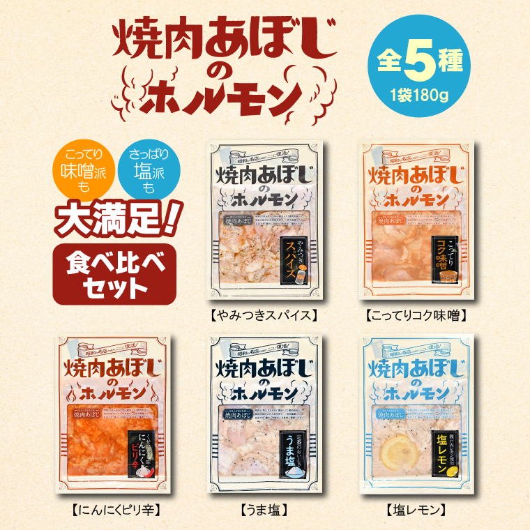 380004 焼肉あぼじのホルモン 5種食べ比べセット（スパイス・コク味噌・ピリ辛・うま塩・瀬戸内塩レモン）