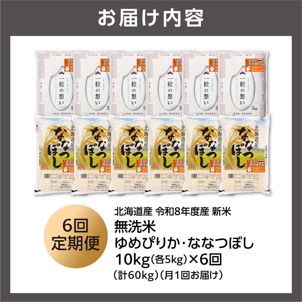 【定期便】【令和8年度産米】無洗米ゆめぴりか 5kg＋無洗米ななつぼし 5kg 6回｜無洗米 お米 北海道 石狩市