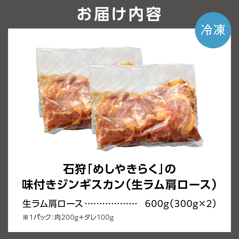 石狩めしやきらくの味付きジンギスカン（生ラム肩ロース）2セット(600g（肉200g、タレ100g、各2セット)