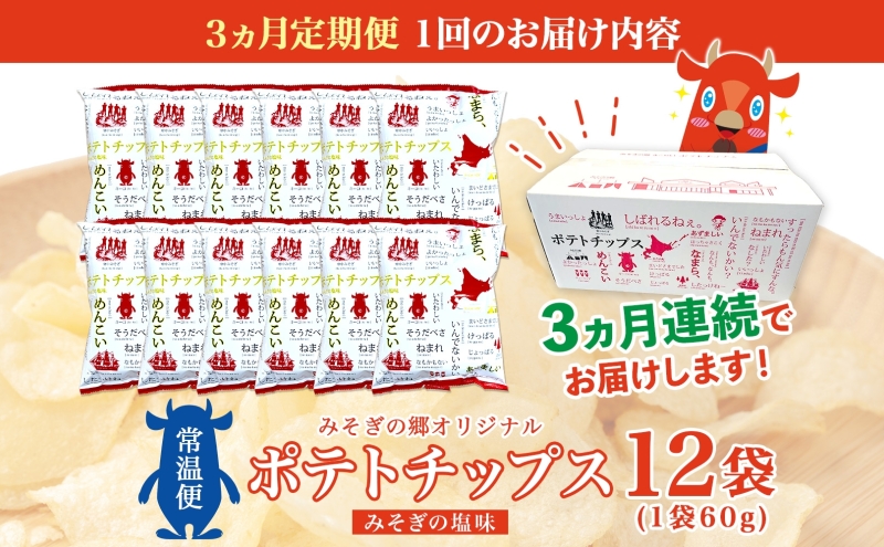 定期便 全3回北海道 オリジナル ポテトチップス 60g 12袋 塩味 道の駅 オリジナル パッケージ ポテチ しお じゃがいも ジャガイモ お菓子 スナック おやつ おつまみ あっさり ポテトチップス みそぎの郷 ご当地 送料無料 木古内