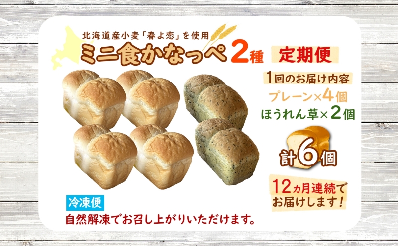 定期便 12ヵ月 北海道 ミニ食かなっぺ 2種 セット プレーン 4個 ほうれん草 2個 北海道産 小麦 春よ恋 食パン パン トースト カナッペ 手作り 自家製 焼きたて 酵母 ベーカリー 朝食 手軽 冷凍 お取り寄せ ギフト 送料無料 木古内