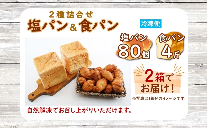 北海道 パン 2種 詰合せ 塩パン 80個 食パン 4斤 北海道産 小麦 パン トースト 手作り 自家製 焼きたて ベーカリー 朝食 朝ごはん 軽食 モーニング 冷凍 お取り寄せ 食べ比べ セット 人気 行列 ギフト 贈答用 送料無料 木古内