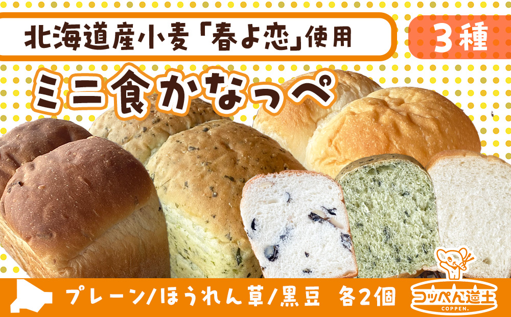 ミニ食かなっぺ3種セット【プレーン2個/ほうれん草2個/黒豆2個　計6個】北海道産 小麦 春よ恋 食パン パン トースト カナッペ 手作り 自家製 焼きたて 酵母 ベーカリー 朝食 手軽 冷凍 お取り寄せ 人気 自家用 ギフト 送料無料 木古内 木古内町