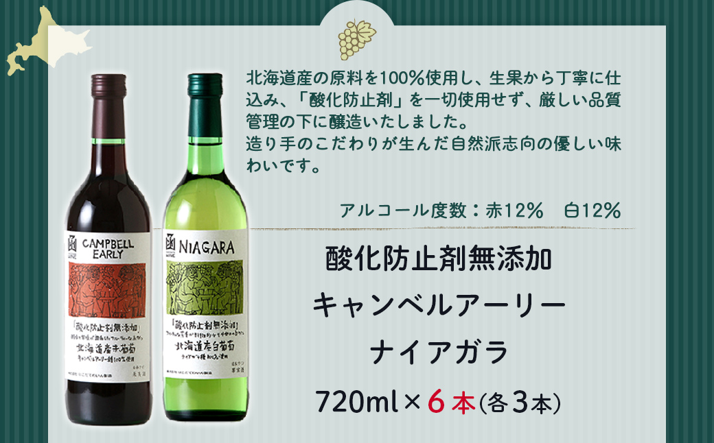 酸化防止剤無添加ワイン　飲み比べセット　6本（キャンベルアーリー3本・ナイアガラ3本） NAX035