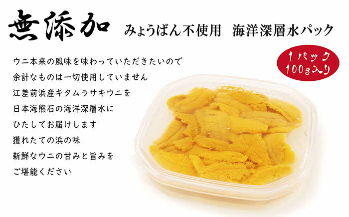 【令和7年発送予約】北海道 江差前浜産 生うに 200g（100g×2パック）【無添加・みょうばん不使用】江差産天然キタムラサキウニ　日本海熊石産海洋深層水　塩水ウニ　素材を生かした自然の味　国産うに　雲丹　100グラムパック個包装