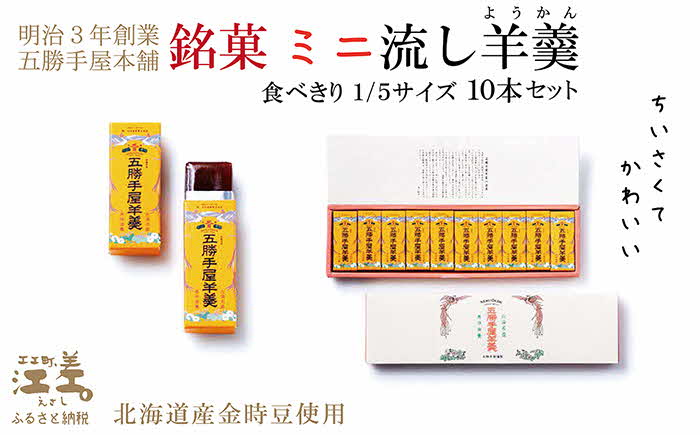  五勝手屋本舗『ミニ流し羊羹（ようかん）』10本セット　金時豆のようかん　保存料不使用　五勝手屋羊羹の老舗　和菓子　銘菓　名物　贈答用　ギフト