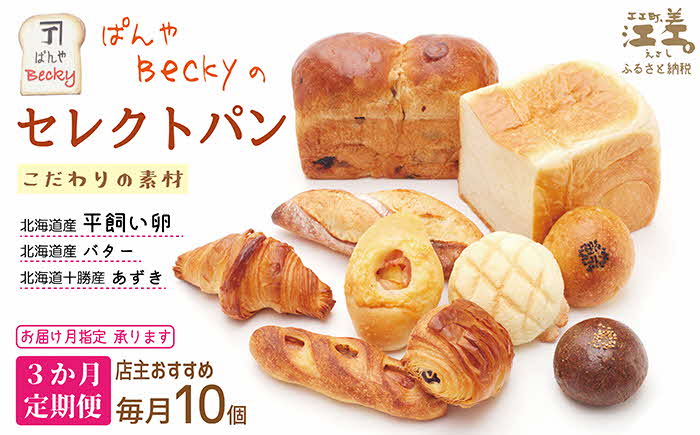 《3か月定期便／毎月10個》ぱんやベッキーのセレクトパン【店主おすすめのパン10個セット】　食パン バゲット クロワッサン あんぱん メロンパン 冷凍パン詰め合わせ　こだわりの材料 平飼い卵 北海道産バター 十勝産あずき　