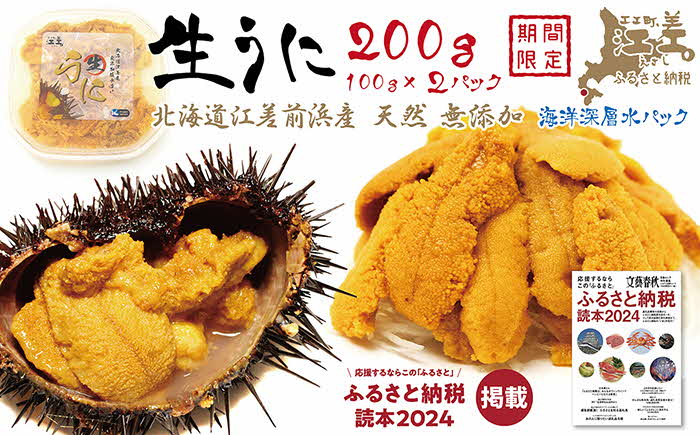 【令和7年発送予約】北海道 江差前浜産 生うに 200g（100g×2パック）【無添加・みょうばん不使用】江差産天然キタムラサキウニ　日本海熊石産海洋深層水　塩水ウニ　素材を生かした自然の味　国産うに　雲丹　100グラムパック個包装