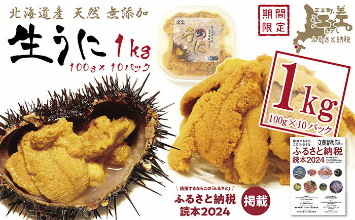 北海道 江差前浜産 生うに たっぷり 1kg（100g×10パック）【無添加・みょうばん不使用】江差産天然キタムラサキウニ　日本海熊石産海洋深層水　塩水ウニ　素材を生かした自然の味　国産うに　雲丹　100グラムパック個包装