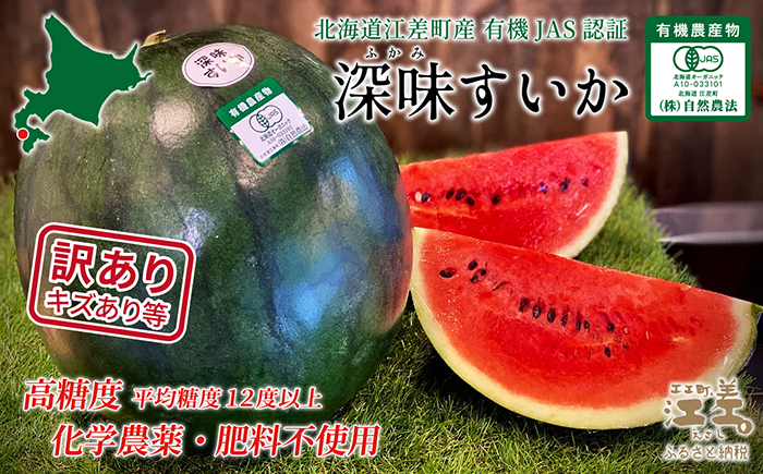 【2026年8月下旬発送開始】【訳あり】北海道産 黒皮 深味すいか  中玉 5.5kg以上 1玉  有機農産物（JAS認証）　高糖度　化学農薬不使用　オーガニック　有機農業　スイカ　すいか　西瓜　 高級西瓜　黒皮すいか　黒玉スイカ　フルーツ　果物　くだもの 　B品　規格外