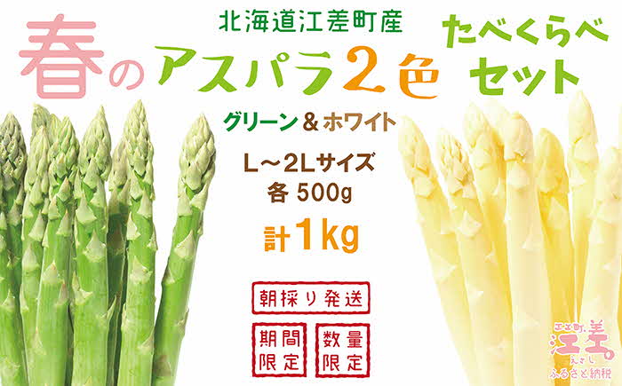 【早期予約・数量限定　4月～5月初旬出荷予定】北海道産 「春」のアスパラ２色食べくらべセット 計1kg　ホワイトアスパラ 500g ＆ グリーンアスパラ 500g　L〜2Lサイズ　朝採り　農家直送　アスパラガス