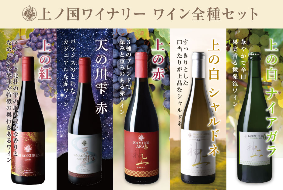 上ノ国ワイナリーのワインセット「上の紅＆天の川雫･赤＆上の赤＆上の白シャルドネ2023＆上の白ナイアガラ2022」　750ml×各1本