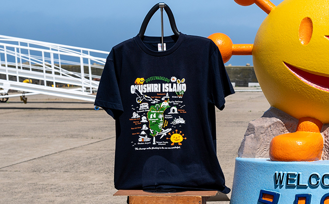 うにまるTシャツ (奥尻MAPデザイン) ネイビー XLサイズ  奥尻島 ゆるキャラ ご当地 マスコット キャラクター うにまる メンズ レディース ユニセックス ご当地T キャラT Tシャツ 観光マップ マップ プリント スーベニア 半袖 | 北海道 奥尻町 送料無料