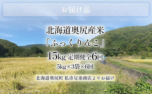奥尻産米「ふっくりんこ」１５kg入り（定期便　全６回） OKUI005
