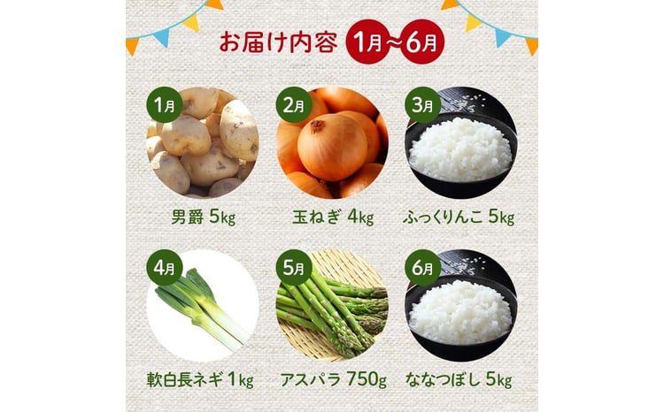 北海道産旬のこだわり野菜とお米1年定期便 男爵 玉ねぎ ふっくりんこ 軟白長ネギ アスパラ ななつぼし ミニトマト ブロッコリー 野菜 米 旬  F21W-490