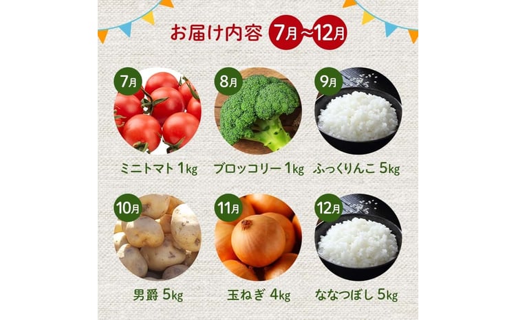 北海道産旬のこだわり野菜とお米1年定期便 男爵 玉ねぎ ふっくりんこ 軟白長ネギ アスパラ ななつぼし ミニトマト ブロッコリー 野菜 米 旬  F21W-490