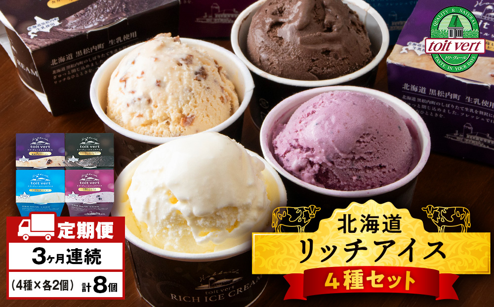 【定期便3ヶ月】リッチアイスクリーム 8個セット（100ml）【 4種 × 各2個】アイス スイーツ おやつ 冷凍 食べ比べ
