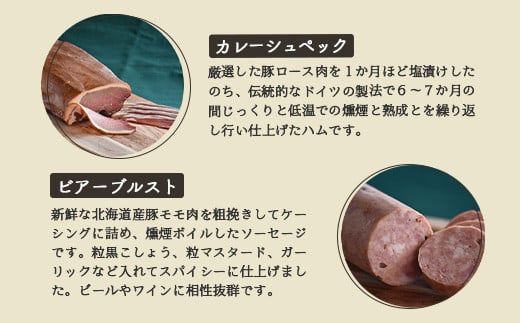 【北海道産豚肉使用】ロースハム・ベーコン・ソーセージ Eセット（6種計約1640g）（ロースハムブロック、ベーコンブロック、カレーシュペック、ビアーブルスト、ケーゼブルスト、ヴァイスブルスト）【2415601】