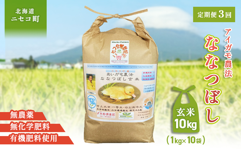 《数量限定受付！令和7年産米》【3回定期便】合鴨農法ななつぼし 【玄米】【有機肥料/無農薬・無化学肥料･備蓄用】 令和7年度米　10kg(1kg×10袋)　水田環境鑑定米・米食味鑑定米【Yesclean農法認定品】【3114902】