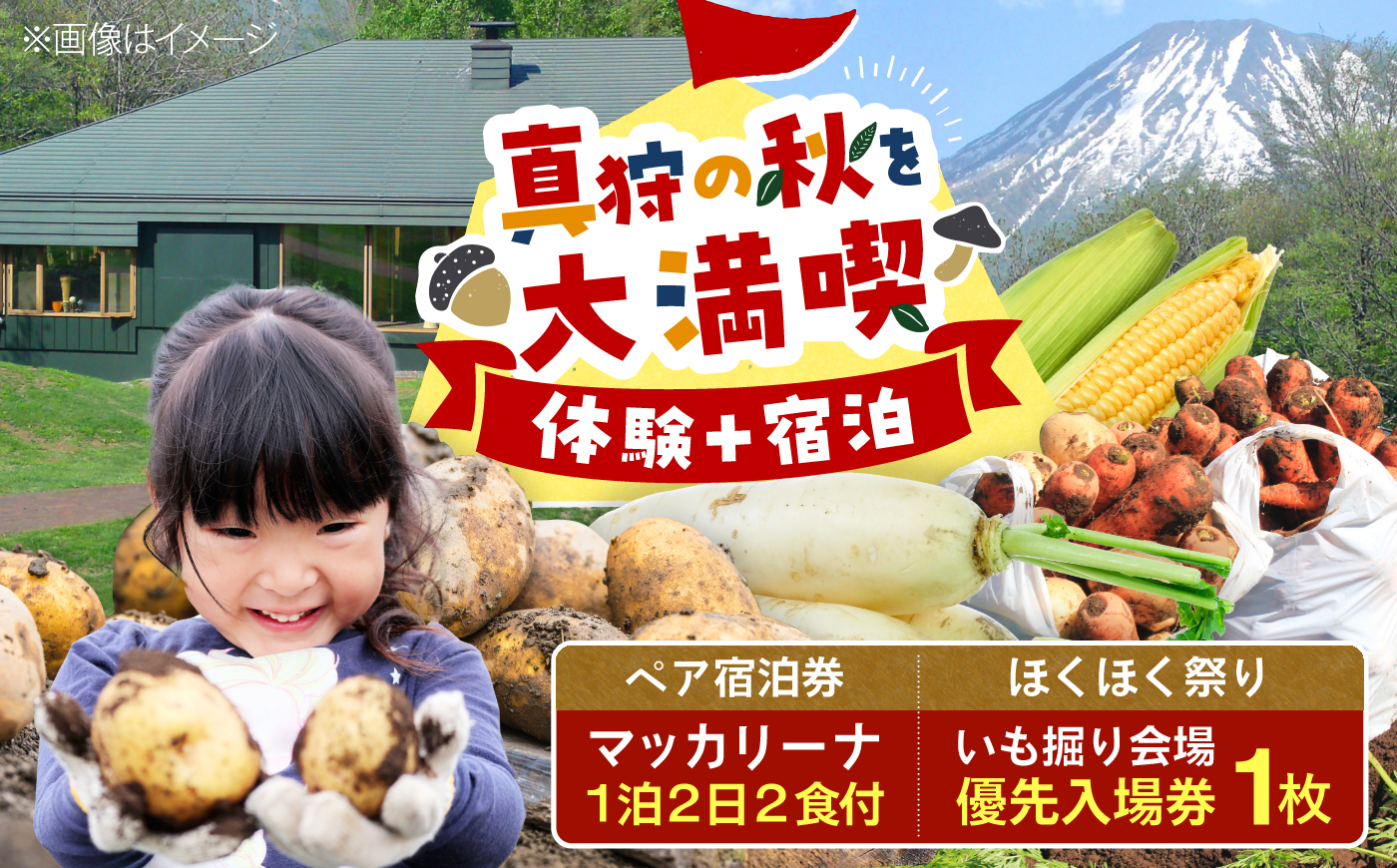 【北海道外の方限定】≪ほくほく祭りinまっかり≫ 真狩村を大満喫！ いも掘り会場優先入場券付き マッカリーナ ペア宿泊券 1枚（2名様分 ／ 1泊2日2食付・送迎付）| 宿泊 宿泊券 体験 観光 北海道 ほくほく祭り | 真狩村