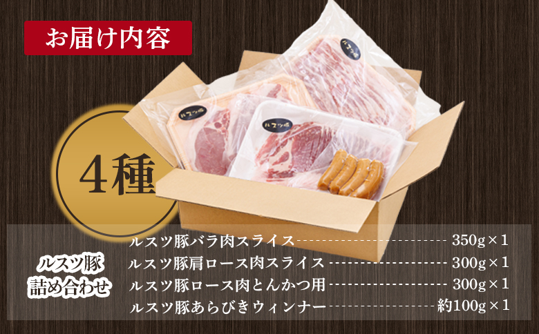 ルスツ豚詰め合わせ 1.05kg 約1kg ルスツ豚 ブランド豚 豚肉 豚 ぶた肉 留寿都村 ルスツ ふるさと納税 オンライン バラ ロース 肩ロース スライス ウインナー あらびきウインナー セット 北海道 留寿都　辻畜産 どんどん市 詰合せ【1400101】
