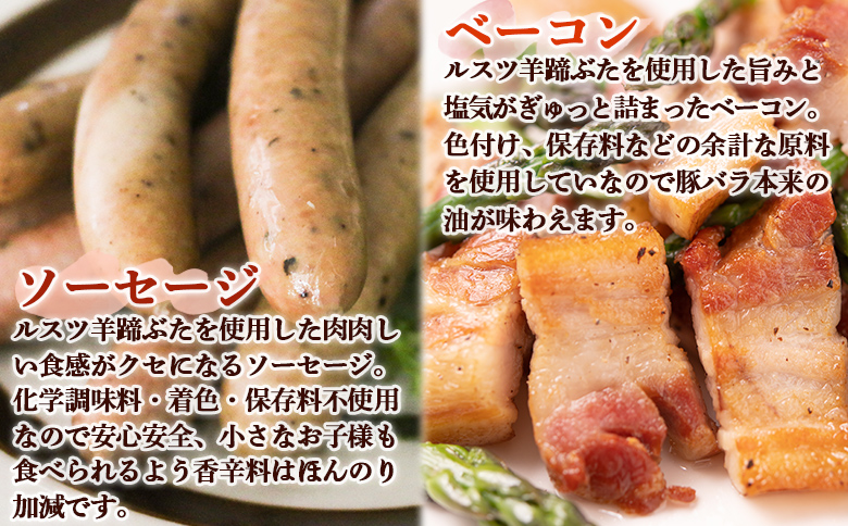 ルスツ 羊蹄ぶた ソーセージ 140g×2パック ベーコン 250g×2パック オンライン 申請 ふるさと納税 北海道 留寿都 無添加 豚肉 豚 肉 BBQ 焼肉 アウトドア 朝食 お弁当 おかず 惣菜 おつまみ 留寿都産 国産 留寿都村【22008】