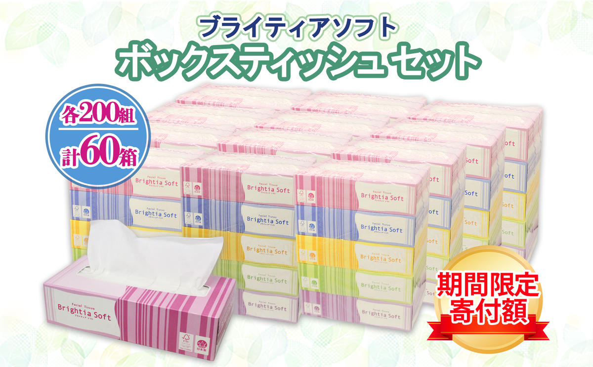 ブライティア ソフト ボックスティッシュ 200組 400枚 60箱 日本製 まとめ買い ティッシュ リサイクル 長持 防災 常備品 日用雑貨 消耗品 生活必需品 備蓄 ペーパー 紙 北海道 倶知安町