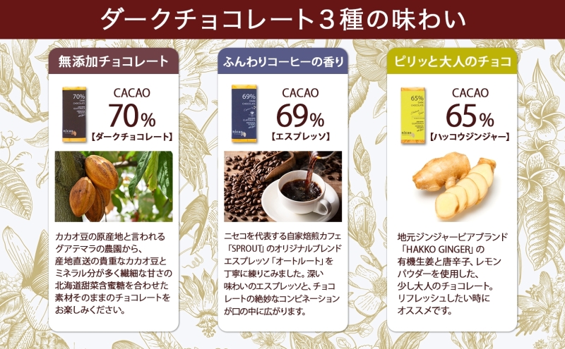 北海道 クラフト チョコレート3種 各1 ダーク エスプレッソ ハッコウジンジャー カカオ 70％ 69％ 無農薬 お菓子おやつ 食べ比べ 冷蔵 ニセコ nicao 送料無料 北海道 倶知安町 