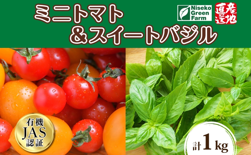 北海道 有機栽培 ミニトマト＆スイートバジル 約1kg 詰め合わせ プチトマト トマト バジル オーガニック 有機野菜 JAS 産直 産地直送 ニセコグリーンファーム 有機ミニトマト 