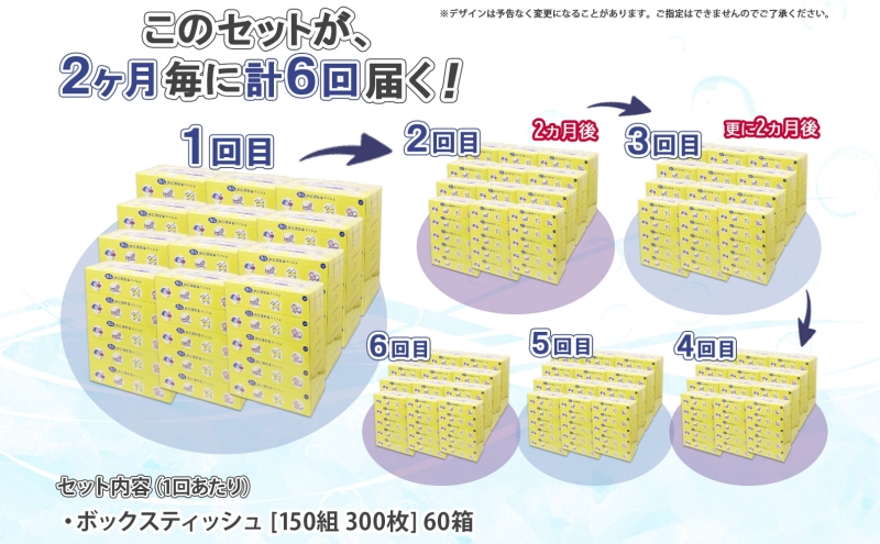 北海道 定期便 2ヵ月毎 全6回 とけまるくん 水に流せる ティッシュ 150組 計60箱 ティッシュペーパー ボックス リサイクル 日本製 防災 常備品 日用品 消耗品 備蓄 育児 福祉 ペット キャンプ 送料無料 倶知安町 