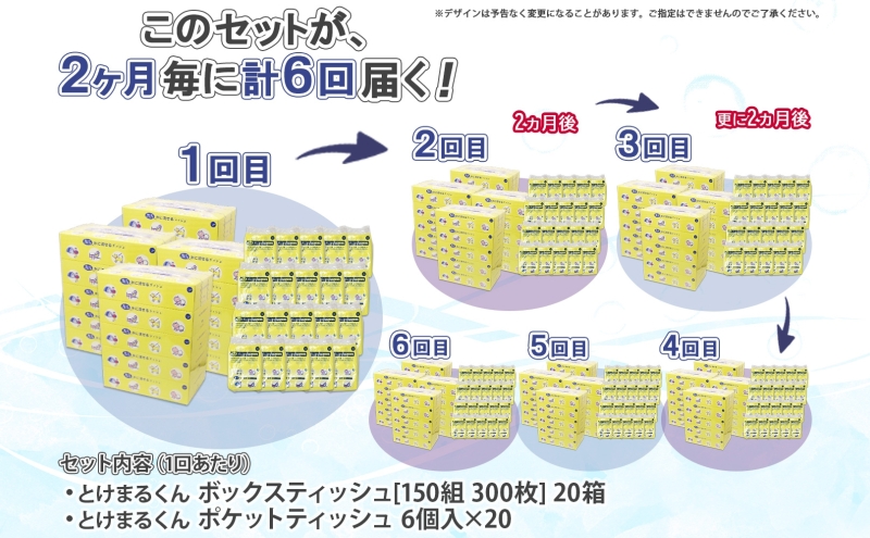 北海道 定期便 2ヶ月毎全6回 とけまるくん ボックス ティッシュ 20箱 ポケット 120個 水に流せる ペーパーリサイクル エコ 香りなし 厚手 日用品 雑貨 常備 備蓄 ストック 送料無料 