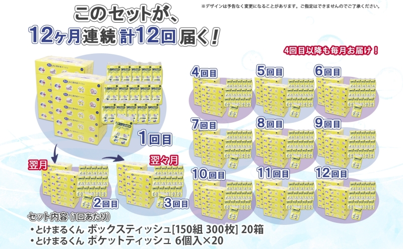 北海道 定期便 12ヶ連続 とけまるくん ボックス ティッシュ 10箱 ポケット ティッシュ 96個 水に流せる ペーパーリサイクル エコ 香りなし 厚手 雑貨 生活必需品 備蓄 送料無料 