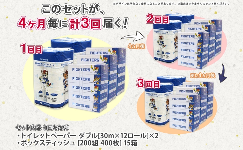 北海道 定期便 4ヶ月毎全3回 日本ハムファイターズ トイレットペーパー 30m 24ロール ボックス ティッシュ 200組 15箱 リサイクル 消耗品 備蓄 ファイターズ グッズ 日ハム 送料無料 