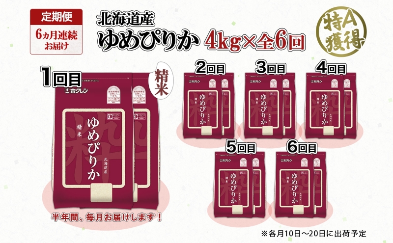 定期便 6ヵ月連続6回 北海道産 ゆめぴりか 精米 4kg 米 特A 獲得 白米 ごはん 道産 4キロ  2kg ×2袋 小分け お米 ご飯 米 北海道米 ようてい農業協同組合  ホクレン 送料無料 北海道 倶知安町