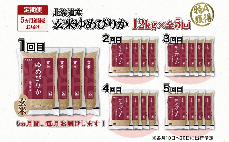 定期便 5ヵ月連続5回 北海道産 ゆめぴりか 玄米 12kg 米 特A 獲得 小分け お米 12キロ 3kg × 4袋 北海道米 お取り寄せ ブランド米 道産 ごはん ようてい農業協同組合 ホクレン 送料無料 北海道 倶知安町