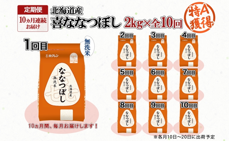 定期便 10ヵ月連続10回 北海道産 喜ななつぼし 無洗米 2kg 米 特A 白米 お取り寄せ ななつぼし ごはん ブランド米 2キロ お米 ご飯 北海道米 国産 備蓄 ようてい農業協同組合 ホクレン 送料無料 北海道 倶知安町 